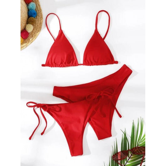 Lavender three-piece bikini set with a triangle top, tie-side bottom, and high-cut bottom, displayed with a straw hat and purple sunglasses. - Image 10
