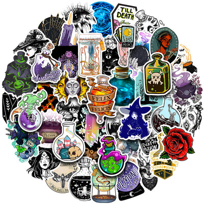 50 waterproof PVC stickers featuring occult, witchy, and mystical designs, including a prominent sun and moon face. - Image 7