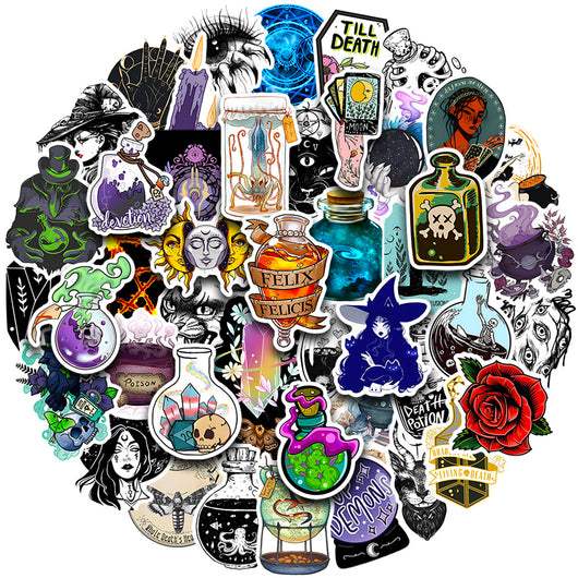50 waterproof PVC stickers featuring occult, witchy, and mystical designs, including a prominent sun and moon face. - Image 7