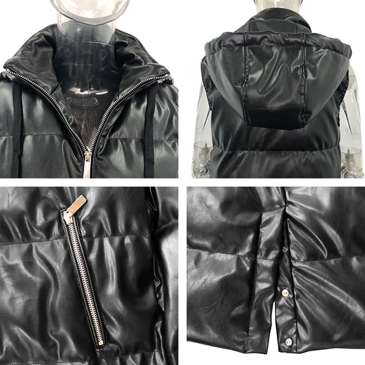 Chaleco Acolchado Negro con Capucha - Diseño Moderno en Cuero Sintético - Image 12