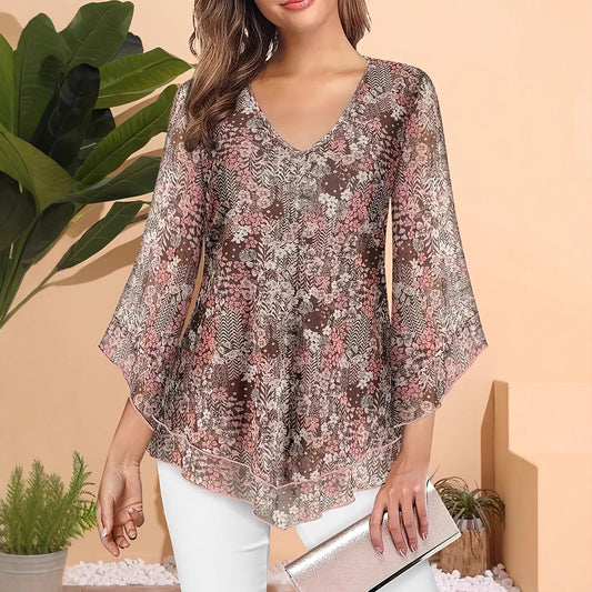 Blusa Larga de Gasa con Estampado Floral y Cuello en V