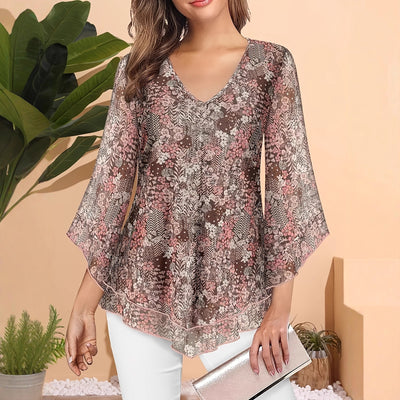 Blusa Larga de Gasa con Estampado Floral y Cuello en V