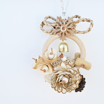 Natural wood and plant fiber bird toy with a ring, pine cones, wood slices, rattan balls, a bell, and a metal clip. - Image 4