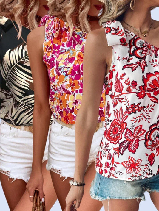 Blusa Ombro Único com Nó Estampada Floral Holidaya, 3 Peças
