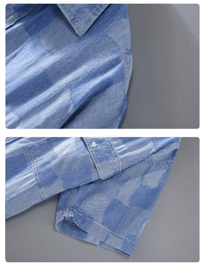 Camisa Denim Estampada de Manga Corta Cuadros Verano Hombre - Image 7