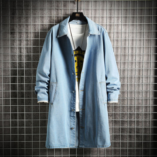 Abrigo Tipo Trench Denim Hombre Largo Casual Suelto