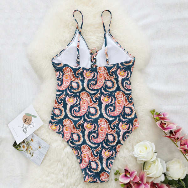 Traje de Baño Enterizo Escote Profundo Estampado Flor de Cashew