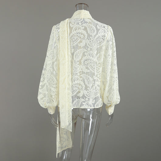 Blusa Elegante de Encaje Francés con Mangas Largas Transparentes - Image 9