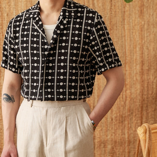 Camisa Cubana de Algodón Puro con Cuello Bordado - Manga Corta Estampada