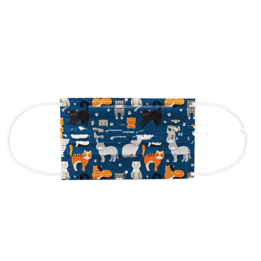 Children's disposable protective mask with a playful cat and paw print pattern on a dark blue background, featuring white ear loops. - Image 9