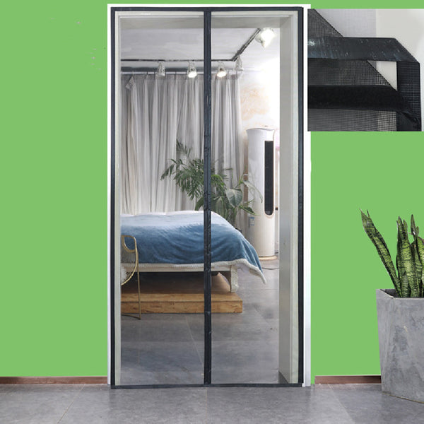 Black fiberglass mosquito-proof screen door mesh with magnetic closure, shown installed in a doorway and with close-ups of its features.