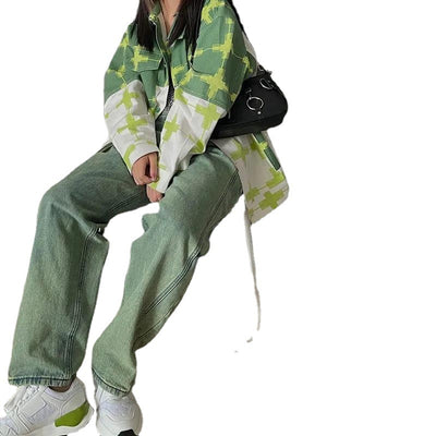 Jeans Verde Mujer Cintura Alta Pierna Ancha Retro Holgado - Image 5