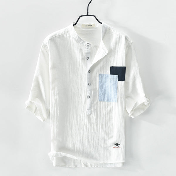 Camisa Hombre Manga Cinco Puntos Algodón Lino con Parches - Image 4