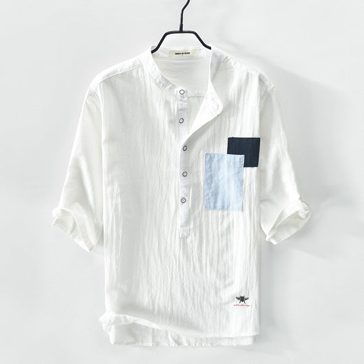 Camisa Hombre Manga Cinco Puntos Algodón Lino con Parches - Image 4