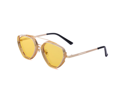 Steampunk hollow-out sunglasses for men with blue lenses, silver metal frame, and perforated side shields. - Image 3