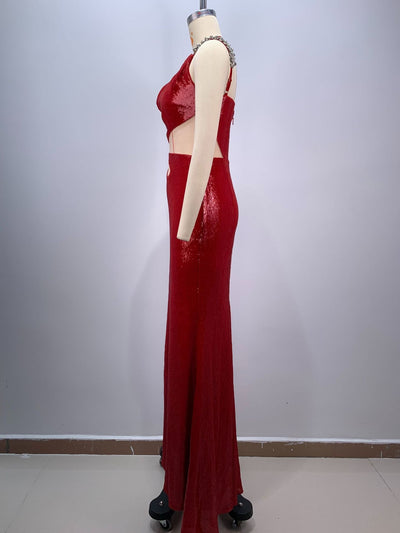 Vestido Rojo con Lentejuelas, Hombro Inclinado y Corte Midriff - Image 14
