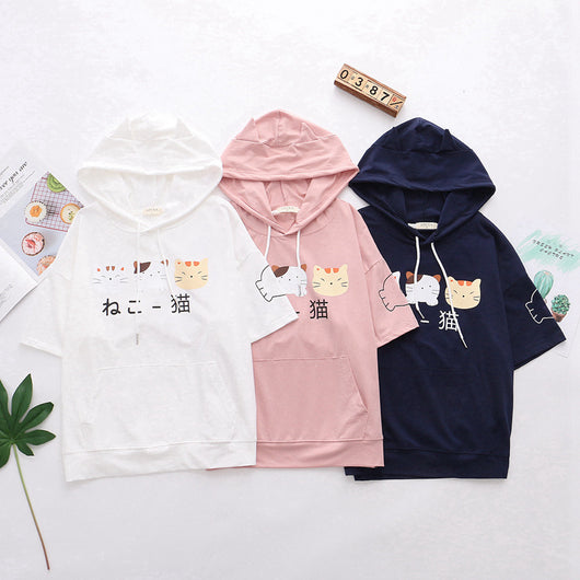 Camiseta Corta con Capucha para Niña - Diseño Gato Cartoon