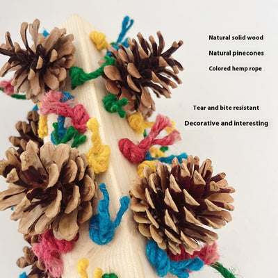 Packaged parrot toy with a wooden block, colorful hemp ropes, and natural pine cones for chewing and play. - Image 4