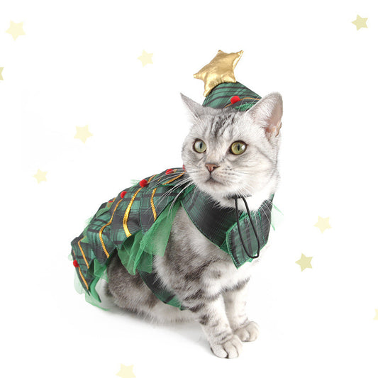 Disfraz Navideño para Gatos - Capa de Árbol con Gorro de Estrella