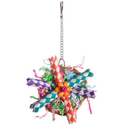 Colorful parrot bird toy with a woven basket base, braided chew sticks, crinkled paper, and a metal hanging chain. - Image 9