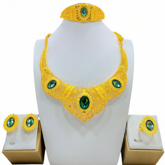 Golden jewelry set with a wide necklace, cuff bracelet, stud earrings, and ring, all featuring blue oval gemstones and intricate filigree patterns. - Image 3