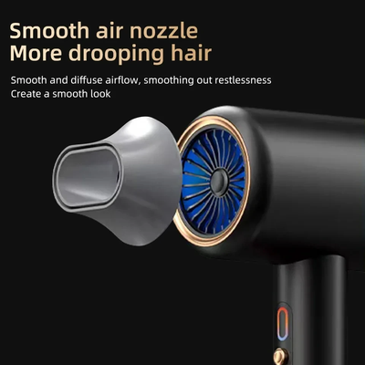 Gray professional hair dryer with a blue fan, 1875W, shown with a US 110V plug and a rotating air collector nozzle. - Image 29