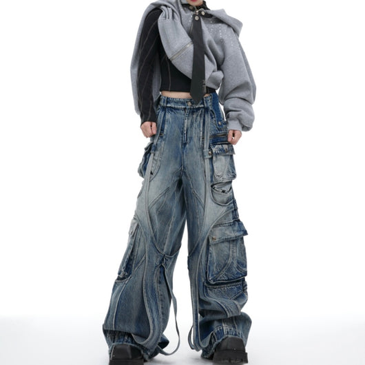 Pantalones Vaqueros Rectos Anchos Desgastados con Bolsillos Múltiples - Image 7