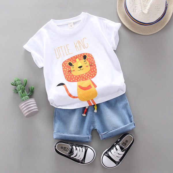 Conjunto de Camiseta Manga Corta Cuello Redondo Estampado León Cartoon para Niño
