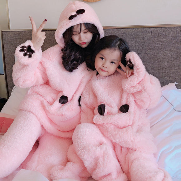 Pijama Familiar de Moletom Urso Marrom - Luvas Coordenadas para Pais e Filhos