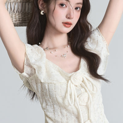 Blusa Floral Tridimensional Estilo Francés Manga Corta