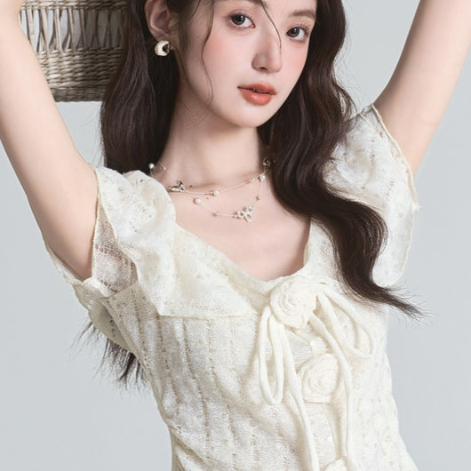 Blusa Floral Tridimensional Estilo Francés Manga Corta