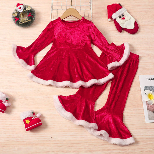 Conjunto de 2 Piezas: Pantalones Acampanados Borde Crudo Invierno Navidad Colores Sólidos - Image 5