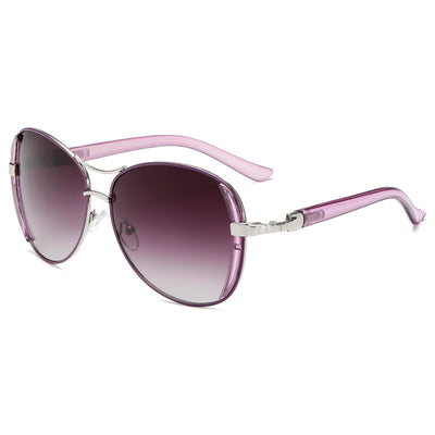 Women's large frame fashionable sunglasses with gradient gray lenses, silver-tone metal frames, and white arms. - Image 3