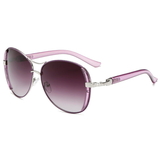 Women's large frame fashionable sunglasses with gradient gray lenses, silver-tone metal frames, and white arms. - Image 3