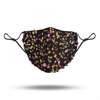 Black mesh face mask with colorful sequins, displayed on a mannequin with reddish-brown hair. - Image 4