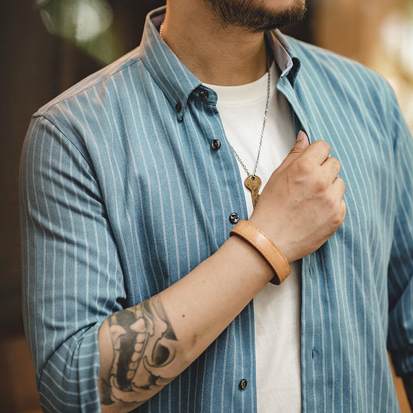 Camisa Retro Americana Madden Workwear a Rayas Verticales Azul Índigo