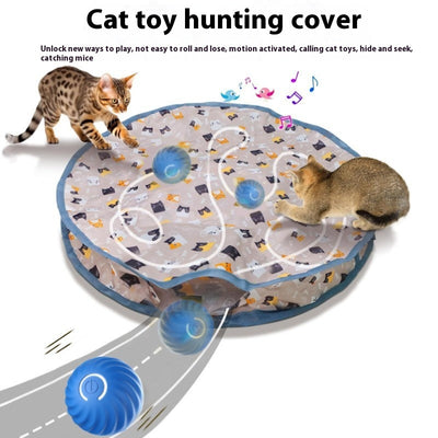 Pink round electronic cat toy with power symbol and a circular cat play mat with cartoon animals and pink border. - Image 17
