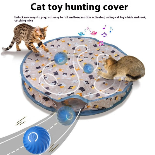 Pink round electronic cat toy with power symbol and a circular cat play mat with cartoon animals and pink border. - Image 17