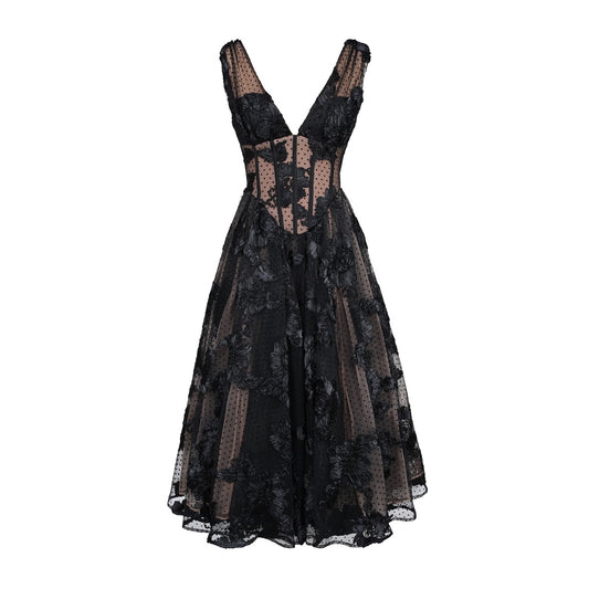 Vestido de Noche Elegante Negro Escote en V Profundo Malla - Image 2