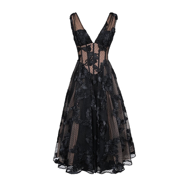Vestido de Noche Elegante Negro Escote en V Profundo Malla