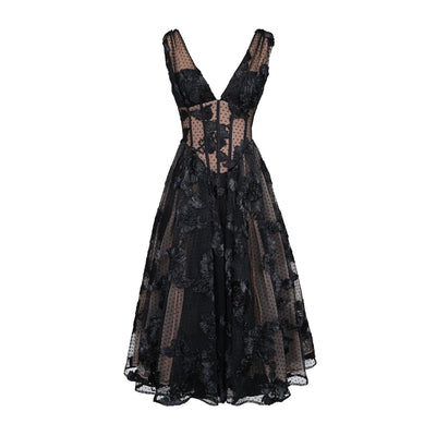 Vestido de Noche Elegante Negro Escote en V Profundo Malla - Image 2
