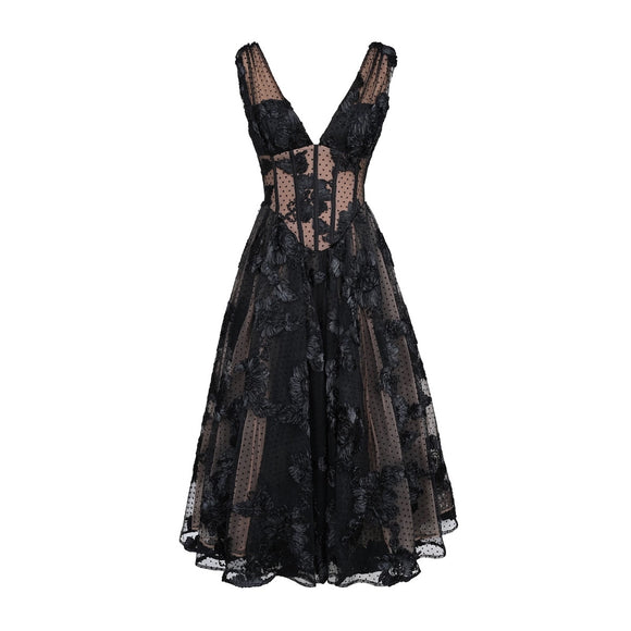 Vestido de Noche Elegante Negro Escote en V Profundo Malla