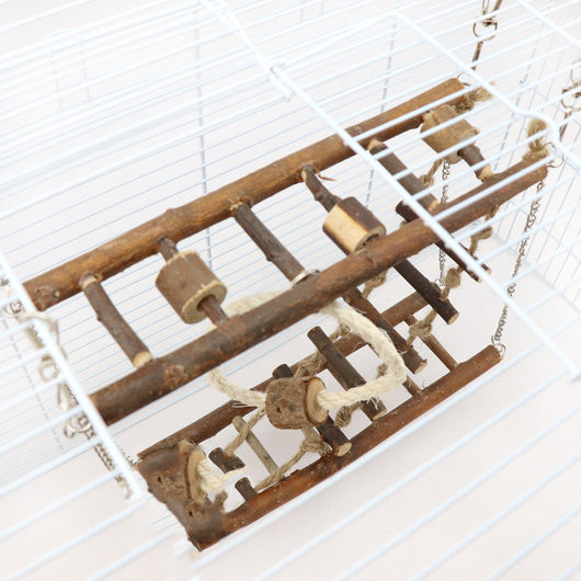 Wooden suspension bridge and ladder climbing toy for small pets, made of natural branches and jute rope, hanging in a cage. - Image 4
