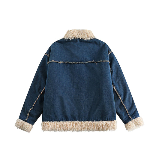 Abrigo Denim Retro con Cuello de Pelaje para Mujer - Image 3