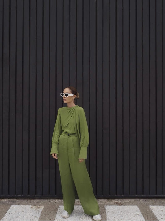 Traje Pantalón Premium Diseño Francés Verde Drapeado