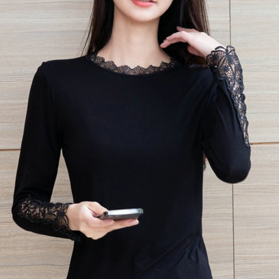 Blusa Negra Elegante Escote Profundo con Encaje y Mangas Largas