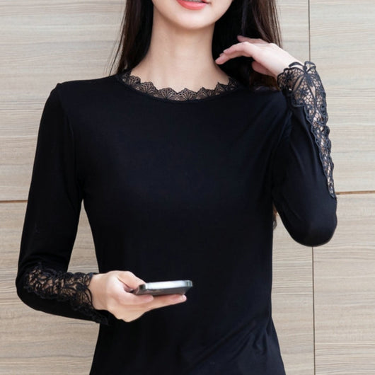 Blusa Negra Elegante Escote Profundo con Encaje y Mangas Largas