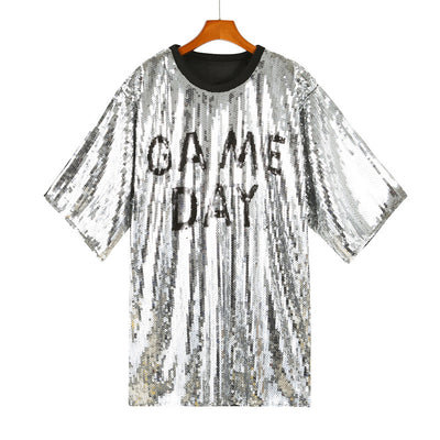 Blusa Suelta Lentejuelas Manga Corta Talla Grande para Mujer - Image 18