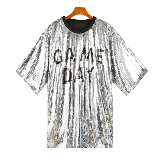 Blusa Suelta Lentejuelas Manga Corta Talla Grande para Mujer - Image 18