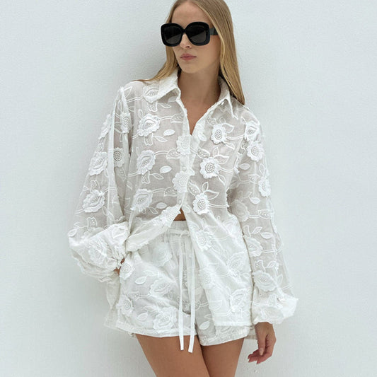 Conjunto Transparente con Bordados y Short de Talle Alto